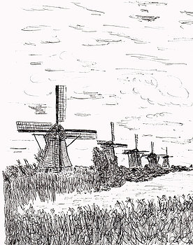 Drawing of windmills in Netherlands at Kinderdijk